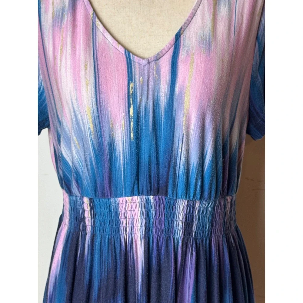 Soma Nightgown Women Medium Blue Pink Tie Dye‎ V Neck Smocked Waist Sleep Shirt